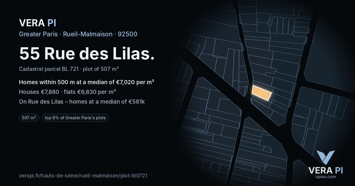 55 Rue des Lilas, Rueil-Malmaison at night – the plot lit, the parcels around coloured by the prices near them