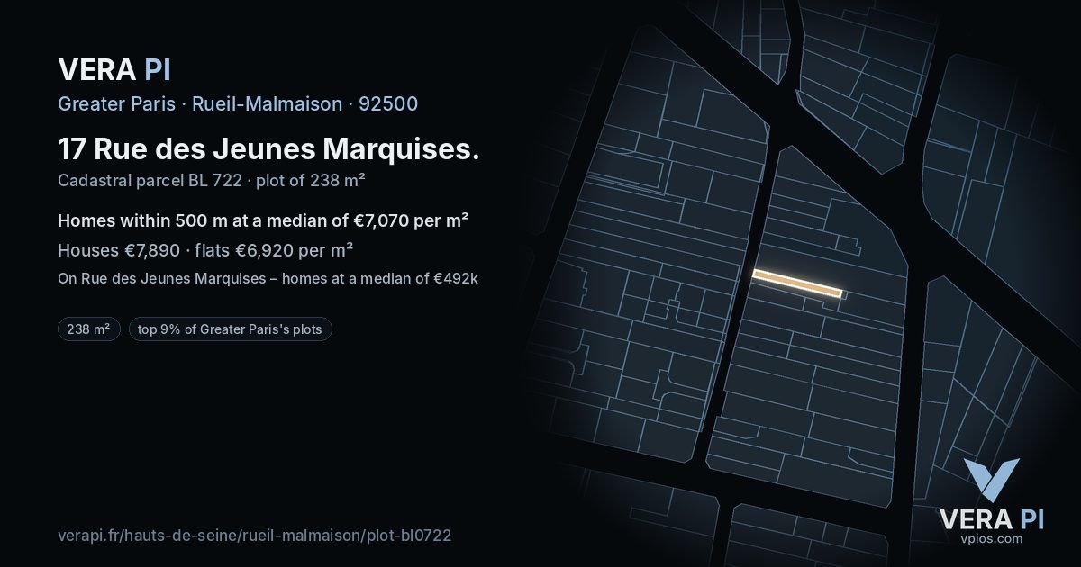 17 Rue des Jeunes Marquises, Rueil-Malmaison at night – the plot lit, the parcels around coloured by the prices near them