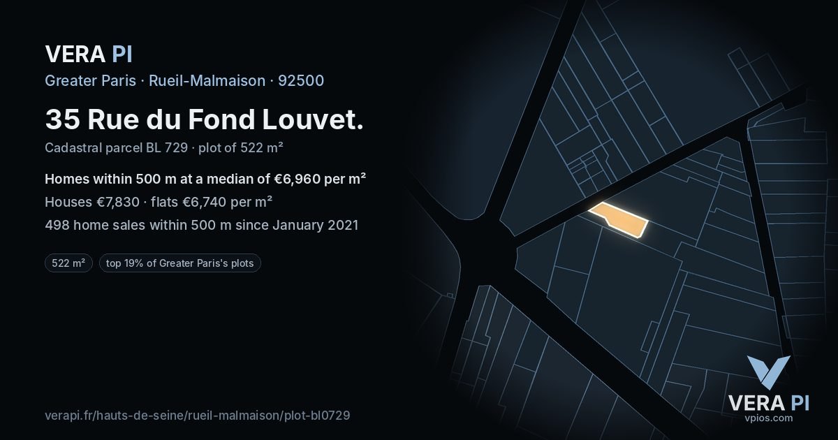 35 Rue du Fond Louvet, Rueil-Malmaison at night – the plot lit, the parcels around coloured by the prices near them