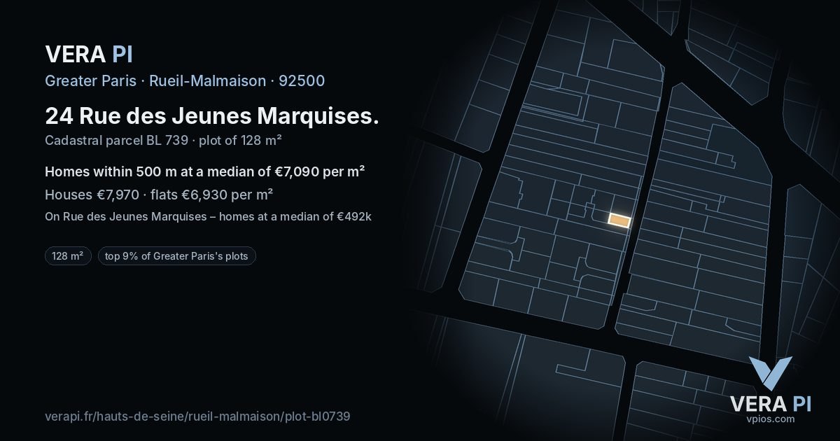 24 Rue des Jeunes Marquises, Rueil-Malmaison at night – the plot lit, the parcels around coloured by the prices near them