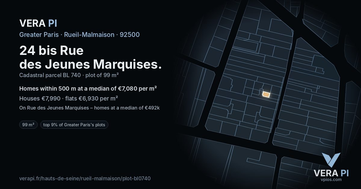 24 bis Rue des Jeunes Marquises, Rueil-Malmaison at night – the plot lit, the parcels around coloured by the prices near them