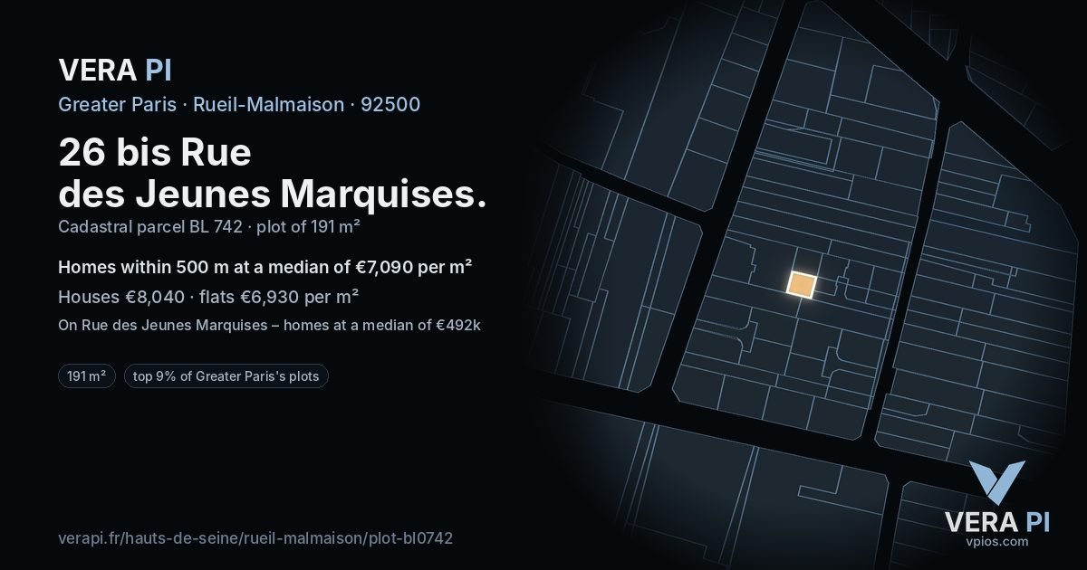 26 bis Rue des Jeunes Marquises, Rueil-Malmaison at night – the plot lit, the parcels around coloured by the prices near them