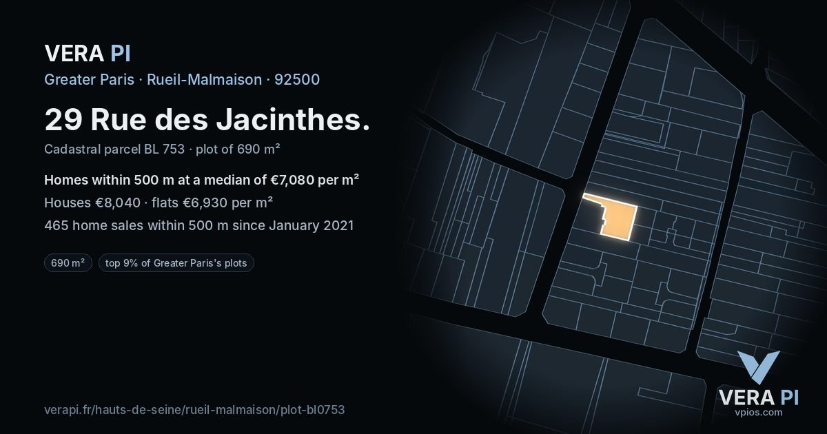 29 Rue des Jacinthes, Rueil-Malmaison at night – the plot lit, the parcels around coloured by the prices near them