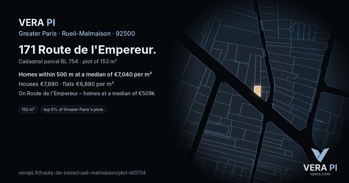 171 Route de l'Empereur, Rueil-Malmaison at night – the plot lit, the parcels around coloured by the prices near them