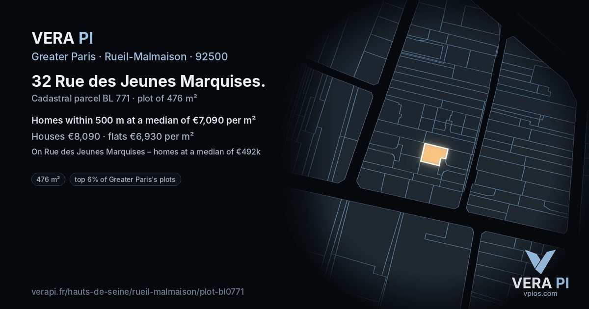 32 Rue des Jeunes Marquises, Rueil-Malmaison at night – the plot lit, the parcels around coloured by the prices near them