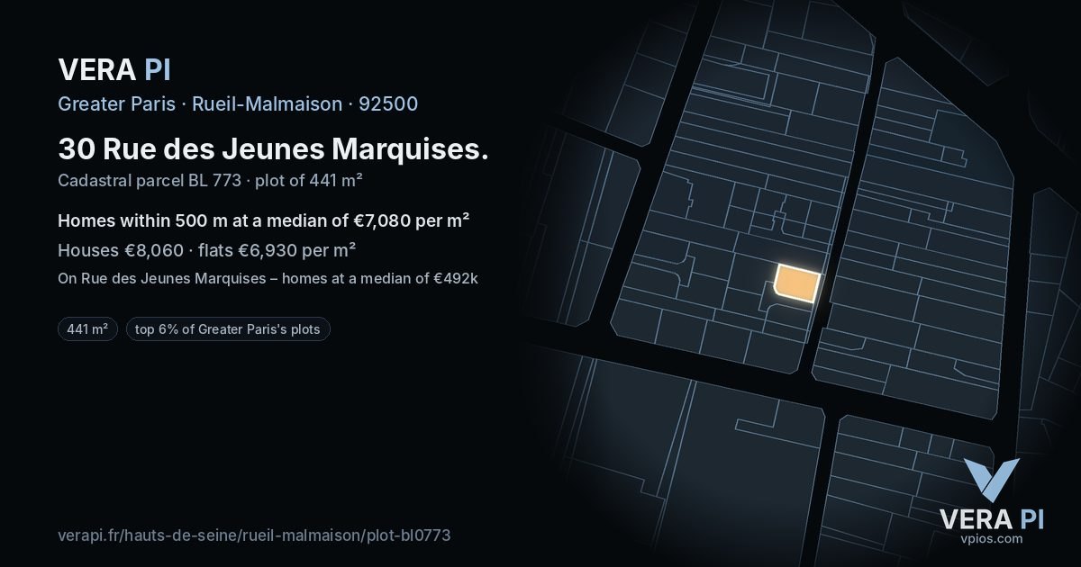 30 Rue des Jeunes Marquises, Rueil-Malmaison at night – the plot lit, the parcels around coloured by the prices near them