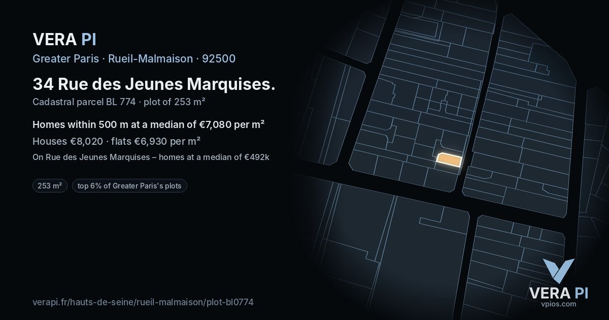 34 Rue des Jeunes Marquises, Rueil-Malmaison at night – the plot lit, the parcels around coloured by the prices near them