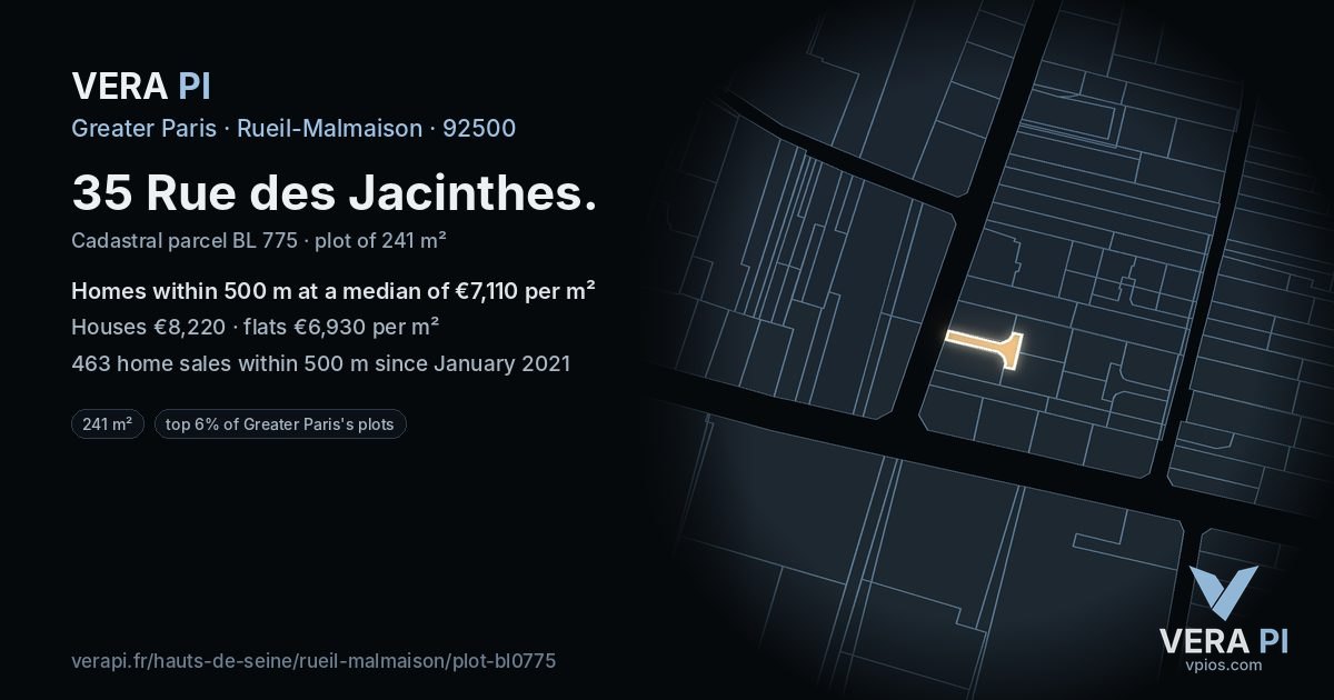 35 Rue des Jacinthes, Rueil-Malmaison at night – the plot lit, the parcels around coloured by the prices near them