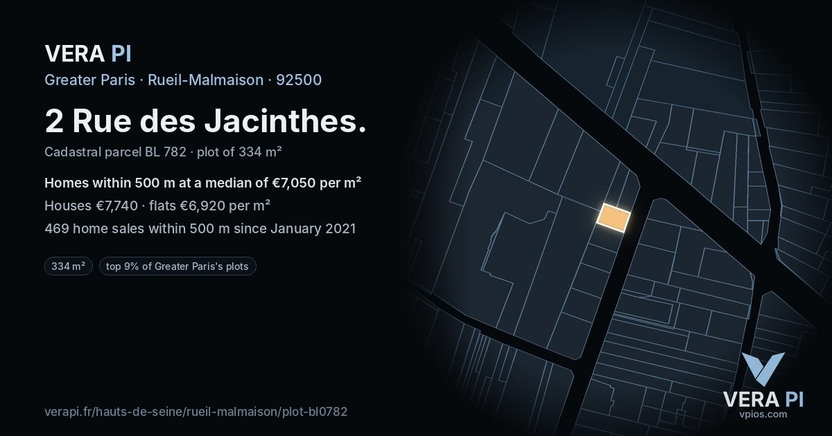 2 Rue des Jacinthes, Rueil-Malmaison at night – the plot lit, the parcels around coloured by the prices near them