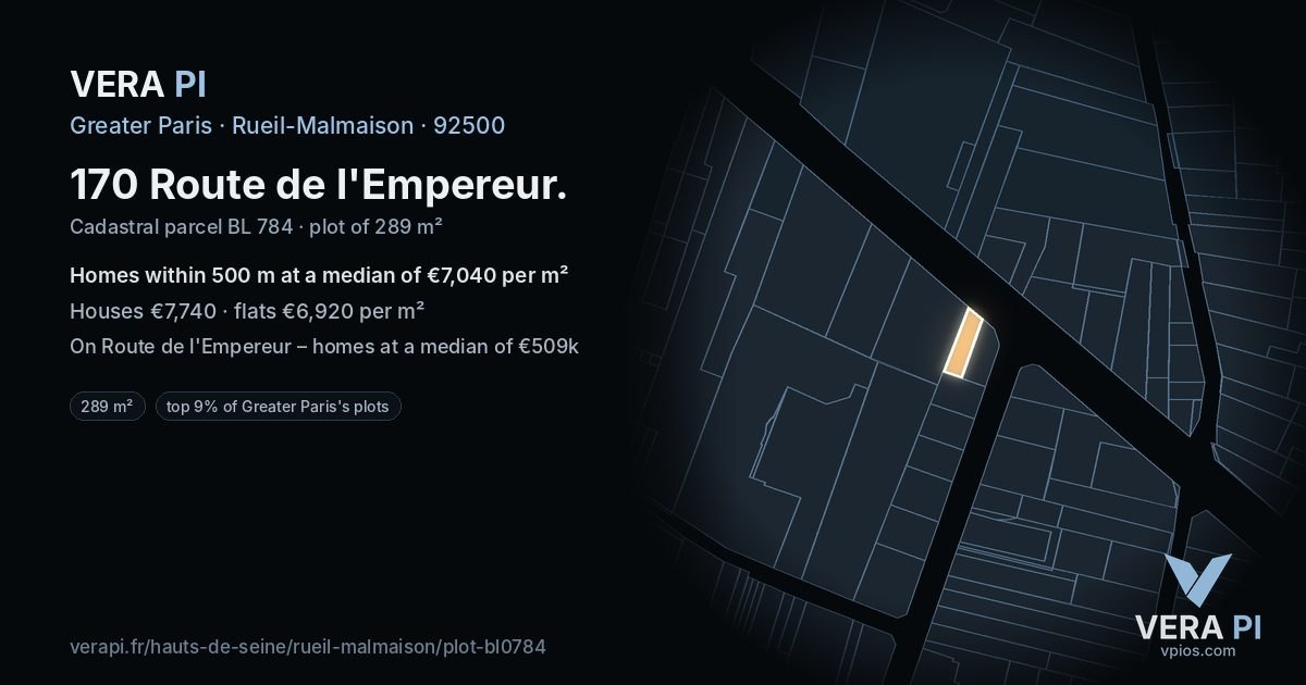 170 Route de l'Empereur, Rueil-Malmaison at night – the plot lit, the parcels around coloured by the prices near them