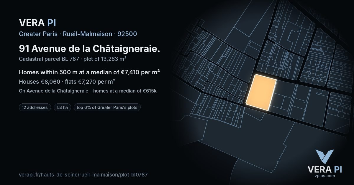 91 Avenue de la Châtaigneraie, Rueil-Malmaison at night – the plot lit, the parcels around coloured by the prices near them