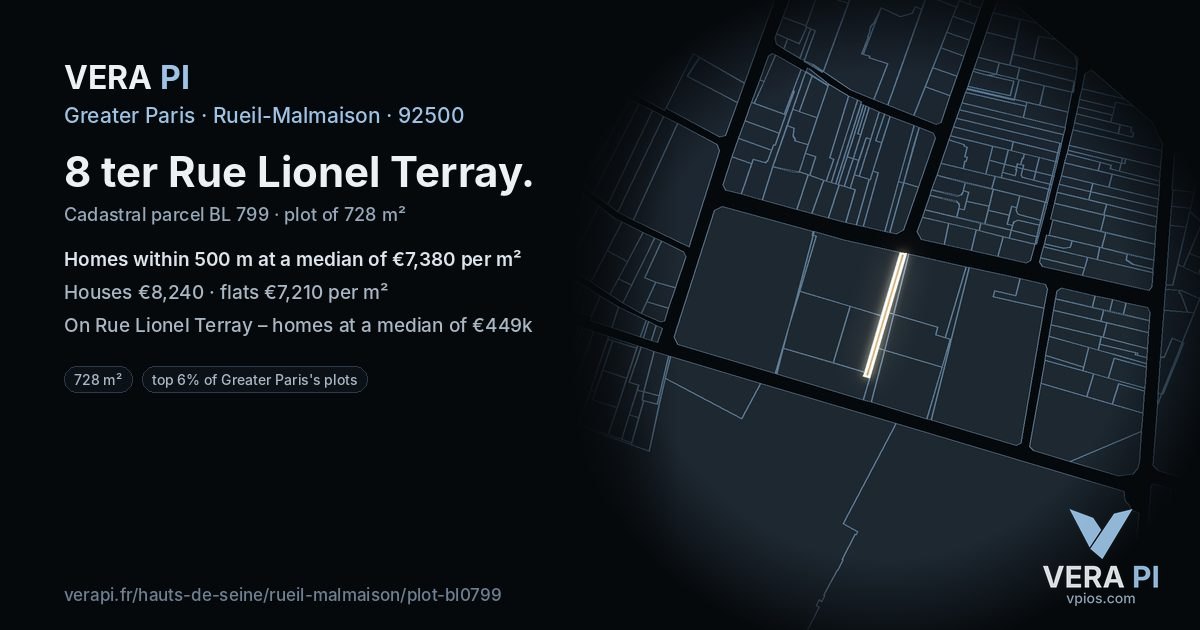 8 ter Rue Lionel Terray, Rueil-Malmaison at night – the plot lit, the parcels around coloured by the prices near them