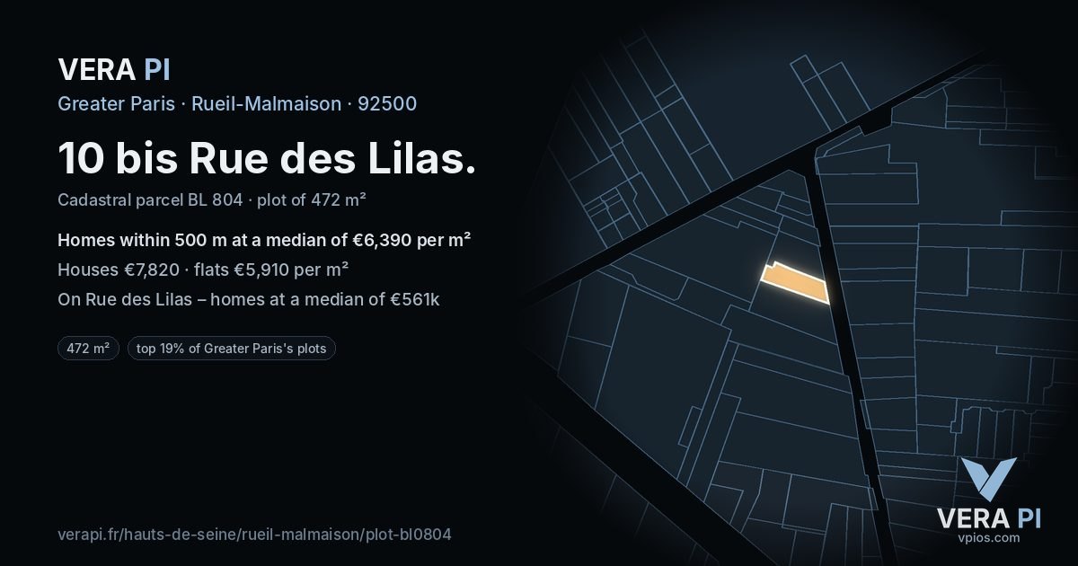 10 bis Rue des Lilas, Rueil-Malmaison at night – the plot lit, the parcels around coloured by the prices near them
