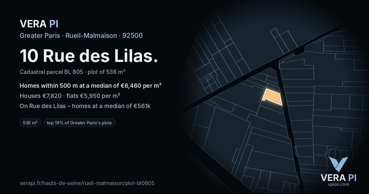 10 Rue des Lilas, Rueil-Malmaison at night – the plot lit, the parcels around coloured by the prices near them