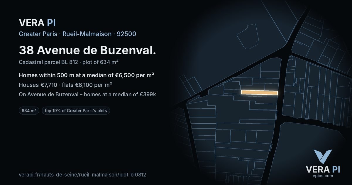 38 Avenue de Buzenval, Rueil-Malmaison at night – the plot lit, the parcels around coloured by the prices near them