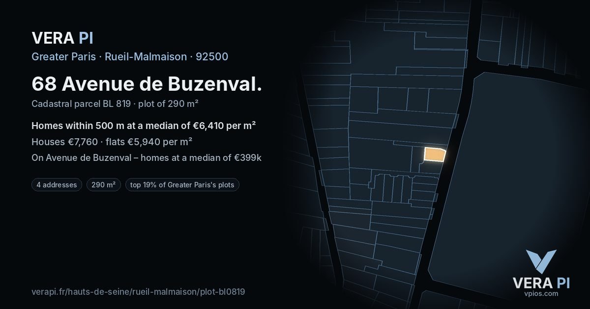 68 Avenue de Buzenval, Rueil-Malmaison at night – the plot lit, the parcels around coloured by the prices near them