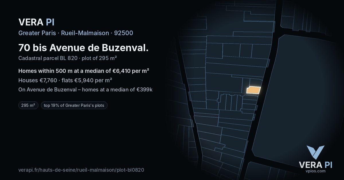 70 bis Avenue de Buzenval, Rueil-Malmaison at night – the plot lit, the parcels around coloured by the prices near them