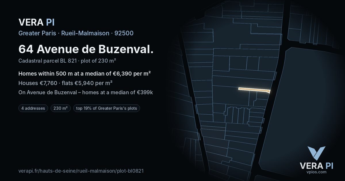 64 Avenue de Buzenval, Rueil-Malmaison at night – the plot lit, the parcels around coloured by the prices near them