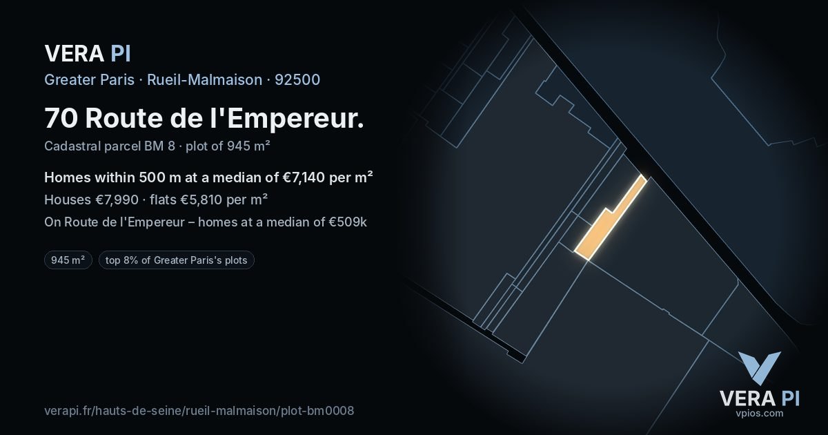70 Route de l'Empereur, Rueil-Malmaison at night – the plot lit, the parcels around coloured by the prices near them