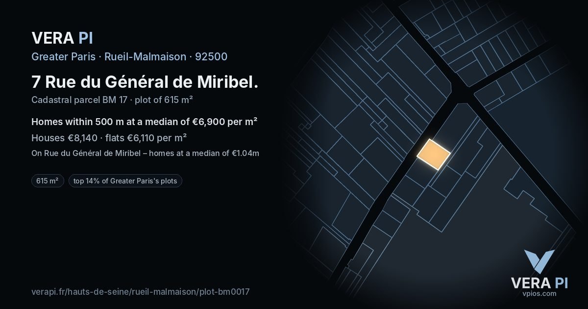7 Rue du Général de Miribel, Rueil-Malmaison at night – the plot lit, the parcels around coloured by the prices near them