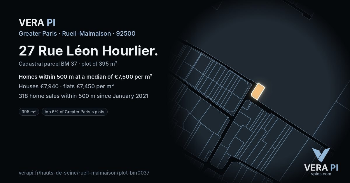 27 Rue Léon Hourlier, Rueil-Malmaison at night – the plot lit, the parcels around coloured by the prices near them
