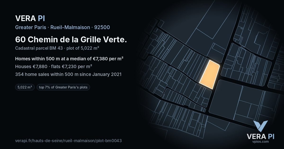 60 Chemin de la Grille Verte, Rueil-Malmaison at night – the plot lit, the parcels around coloured by the prices near them