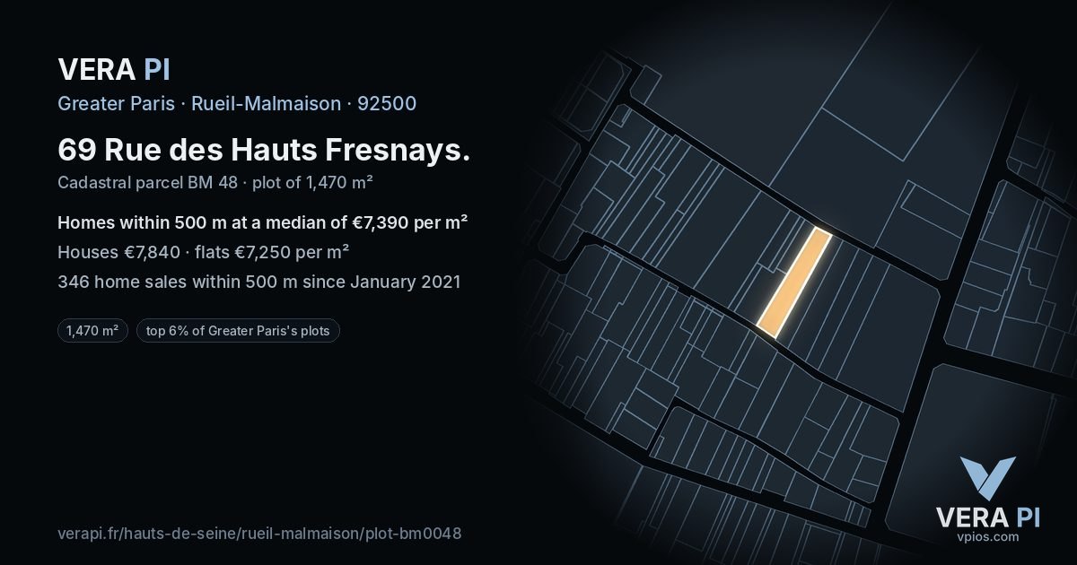 69 Rue des Hauts Fresnays, Rueil-Malmaison at night – the plot lit, the parcels around coloured by the prices near them