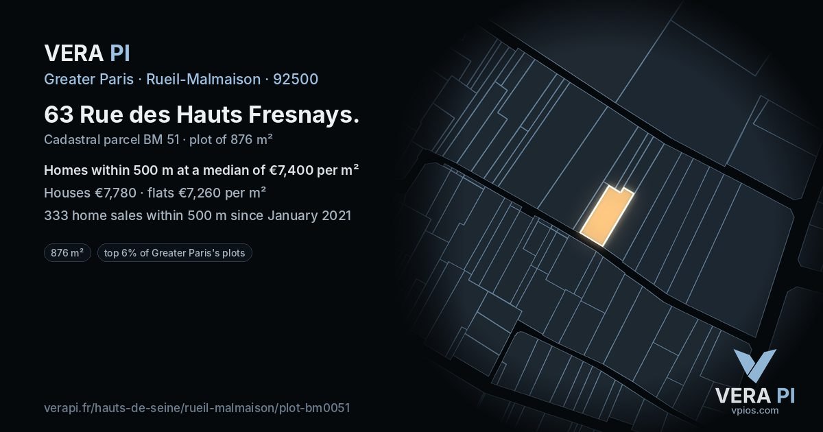 63 Rue des Hauts Fresnays, Rueil-Malmaison at night – the plot lit, the parcels around coloured by the prices near them