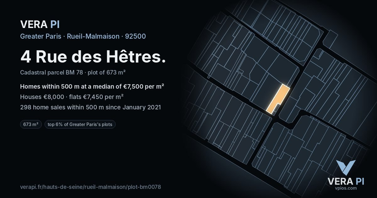 4 Rue des Hêtres, Rueil-Malmaison at night – the plot lit, the parcels around coloured by the prices near them