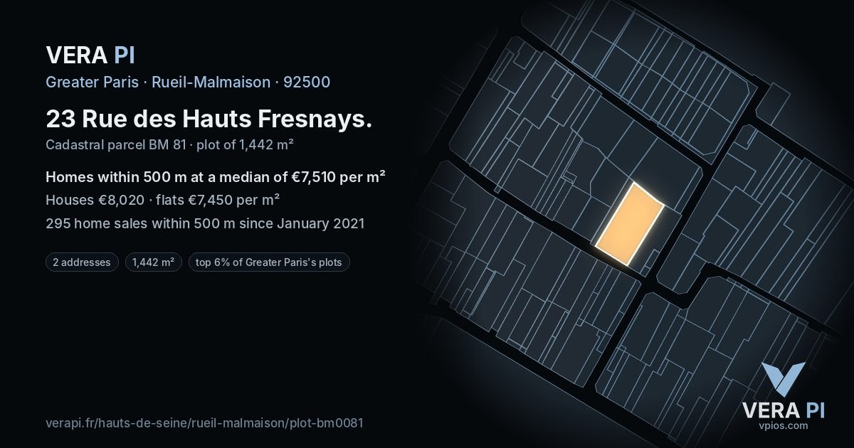 23 Rue des Hauts Fresnays, Rueil-Malmaison at night – the plot lit, the parcels around coloured by the prices near them