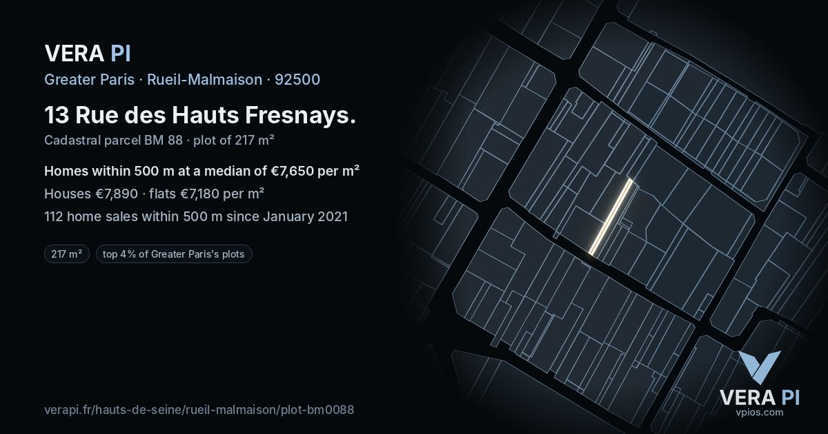 13 Rue des Hauts Fresnays, Rueil-Malmaison at night – the plot lit, the parcels around coloured by the prices near them