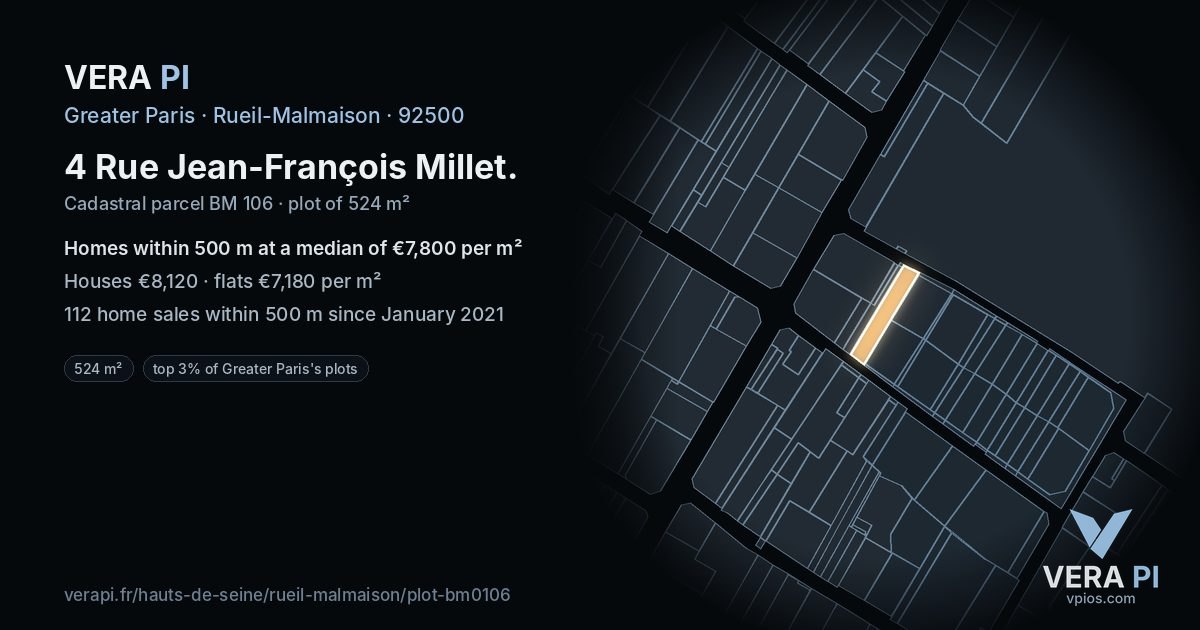 4 Rue Jean-François Millet, Rueil-Malmaison at night – the plot lit, the parcels around coloured by the prices near them