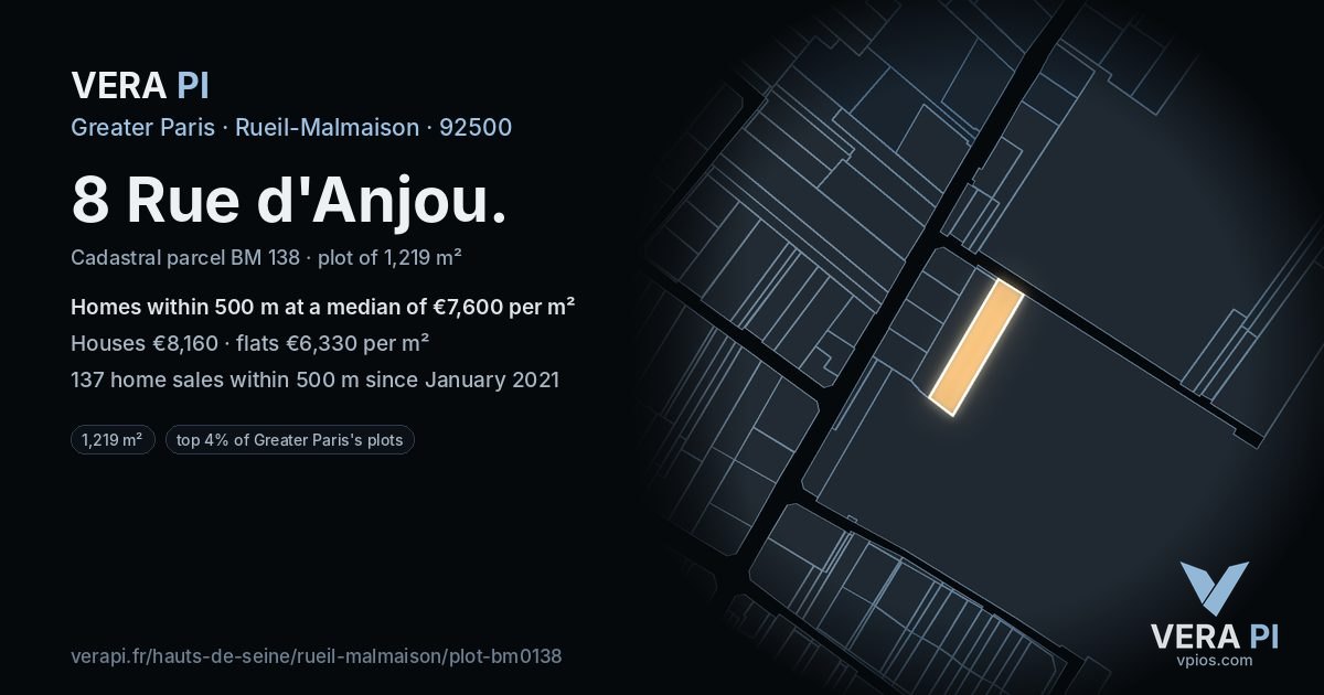 8 Rue d'Anjou, Rueil-Malmaison at night – the plot lit, the parcels around coloured by the prices near them