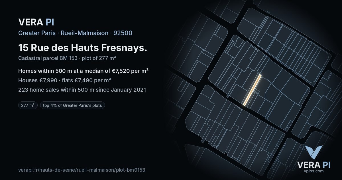 15 Rue des Hauts Fresnays, Rueil-Malmaison at night – the plot lit, the parcels around coloured by the prices near them