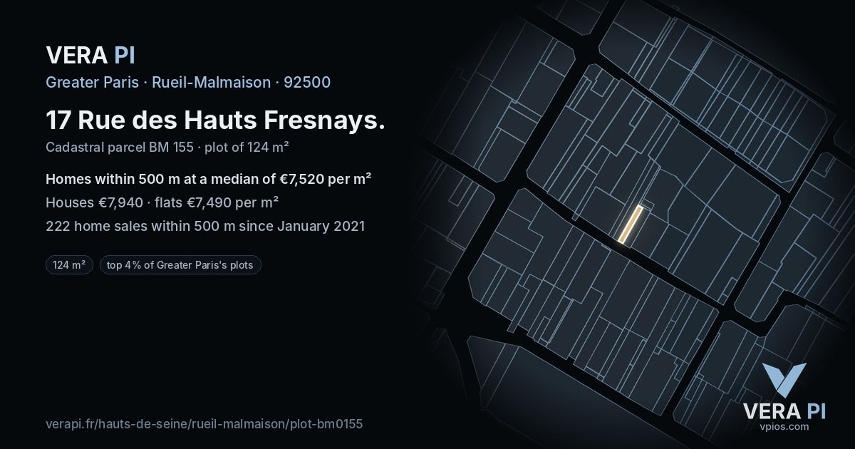 17 Rue des Hauts Fresnays, Rueil-Malmaison at night – the plot lit, the parcels around coloured by the prices near them