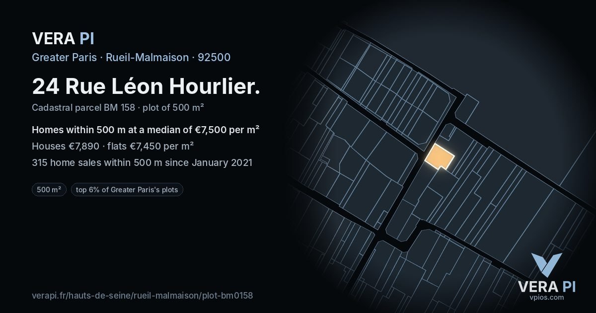 24 Rue Léon Hourlier, Rueil-Malmaison at night – the plot lit, the parcels around coloured by the prices near them