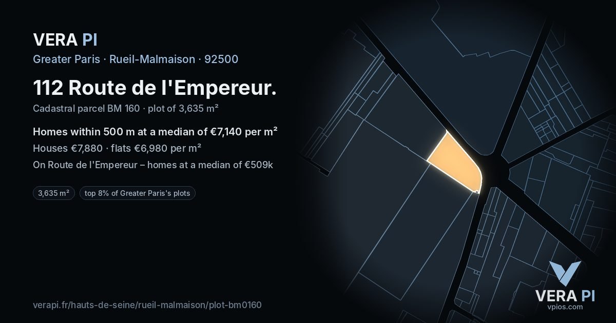 112 Route de l'Empereur, Rueil-Malmaison at night – the plot lit, the parcels around coloured by the prices near them