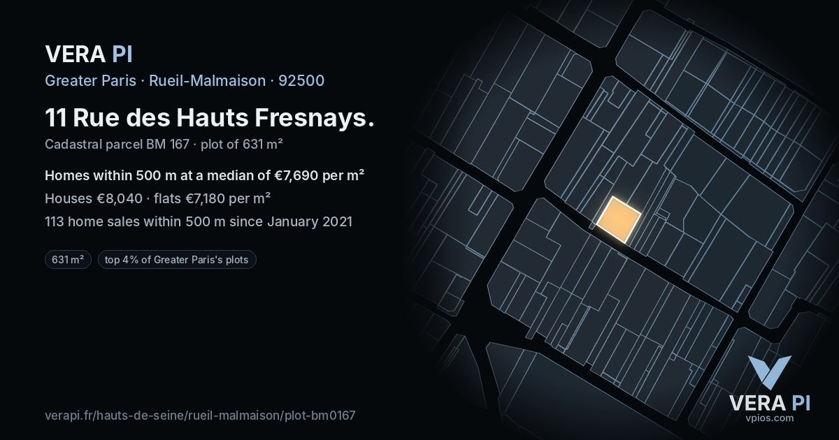 11 Rue des Hauts Fresnays, Rueil-Malmaison at night – the plot lit, the parcels around coloured by the prices near them