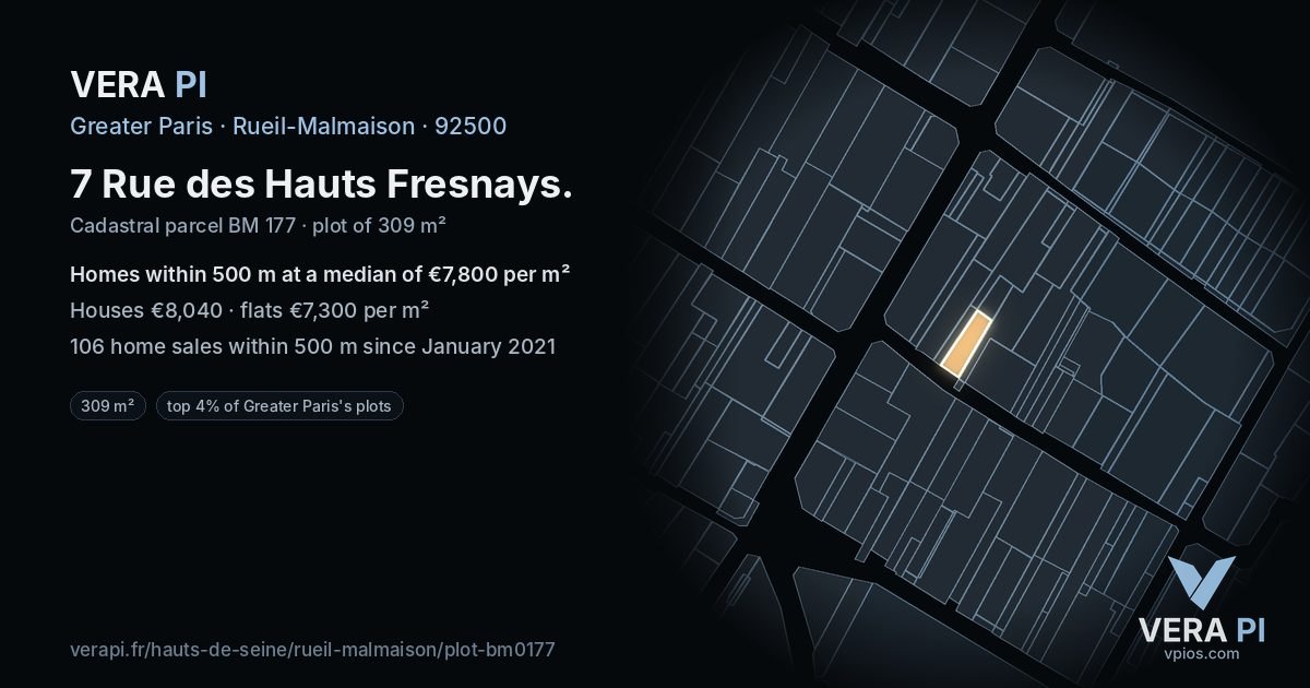7 Rue des Hauts Fresnays, Rueil-Malmaison at night – the plot lit, the parcels around coloured by the prices near them