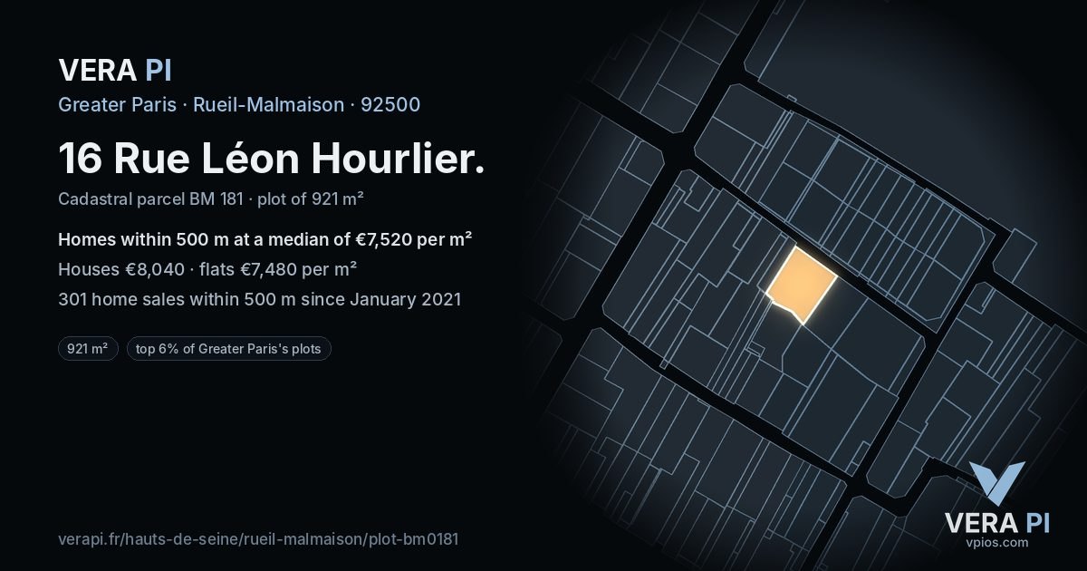 16 Rue Léon Hourlier, Rueil-Malmaison at night – the plot lit, the parcels around coloured by the prices near them