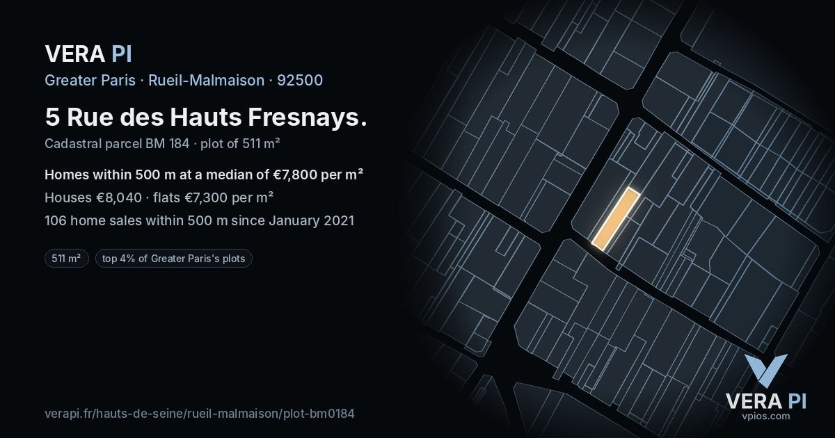 5 Rue des Hauts Fresnays, Rueil-Malmaison at night – the plot lit, the parcels around coloured by the prices near them