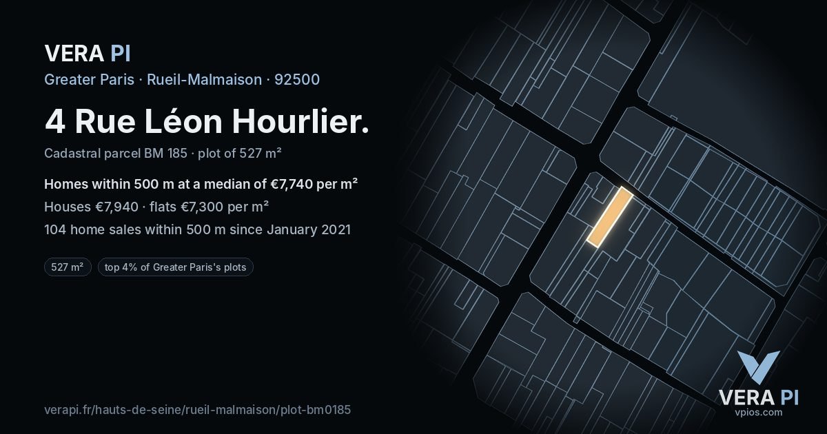 4 Rue Léon Hourlier, Rueil-Malmaison at night – the plot lit, the parcels around coloured by the prices near them