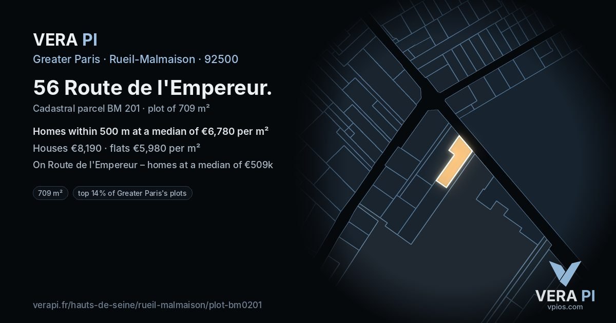 56 Route de l'Empereur, Rueil-Malmaison at night – the plot lit, the parcels around coloured by the prices near them