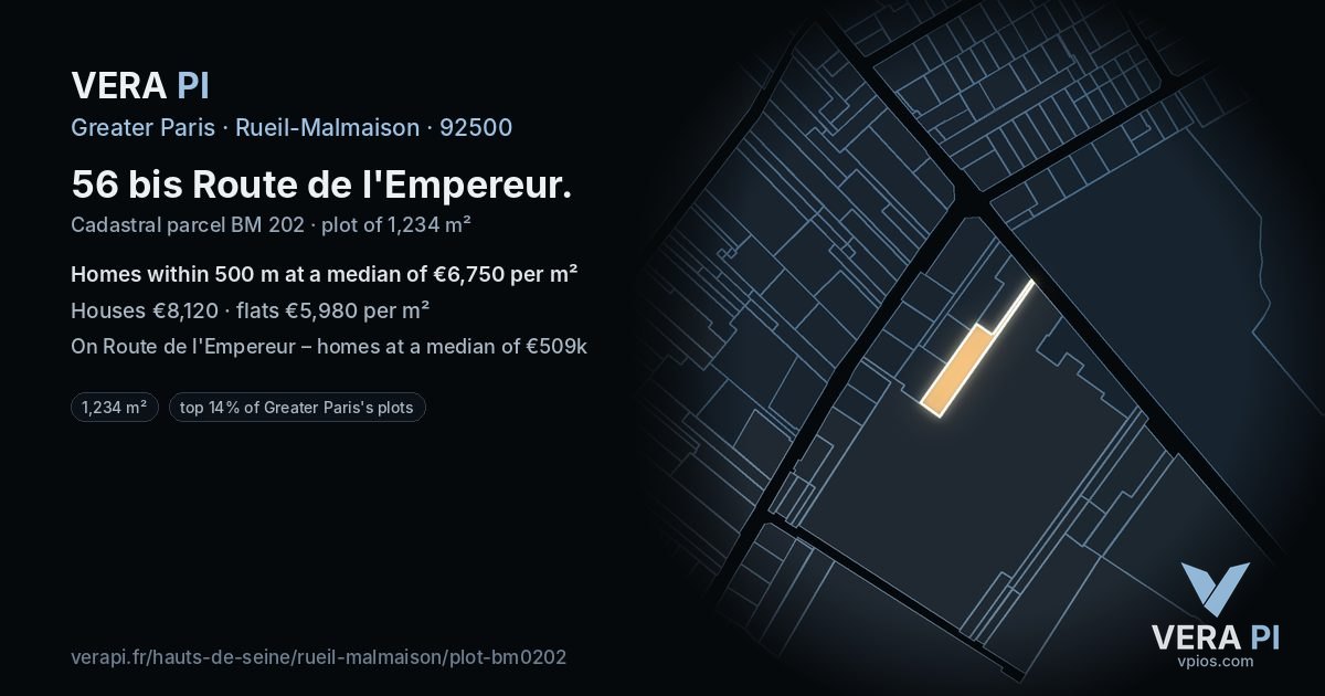 56 bis Route de l'Empereur, Rueil-Malmaison at night – the plot lit, the parcels around coloured by the prices near them