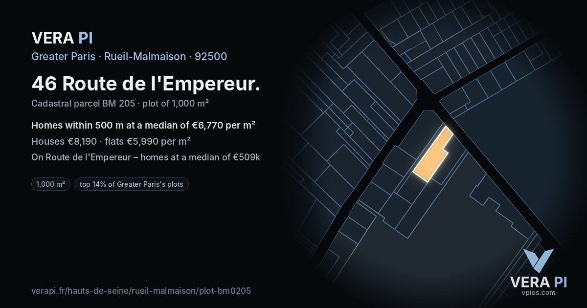 46 Route de l'Empereur, Rueil-Malmaison at night – the plot lit, the parcels around coloured by the prices near them
