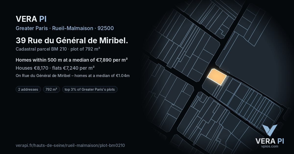 39 Rue du Général de Miribel, Rueil-Malmaison at night – the plot lit, the parcels around coloured by the prices near them