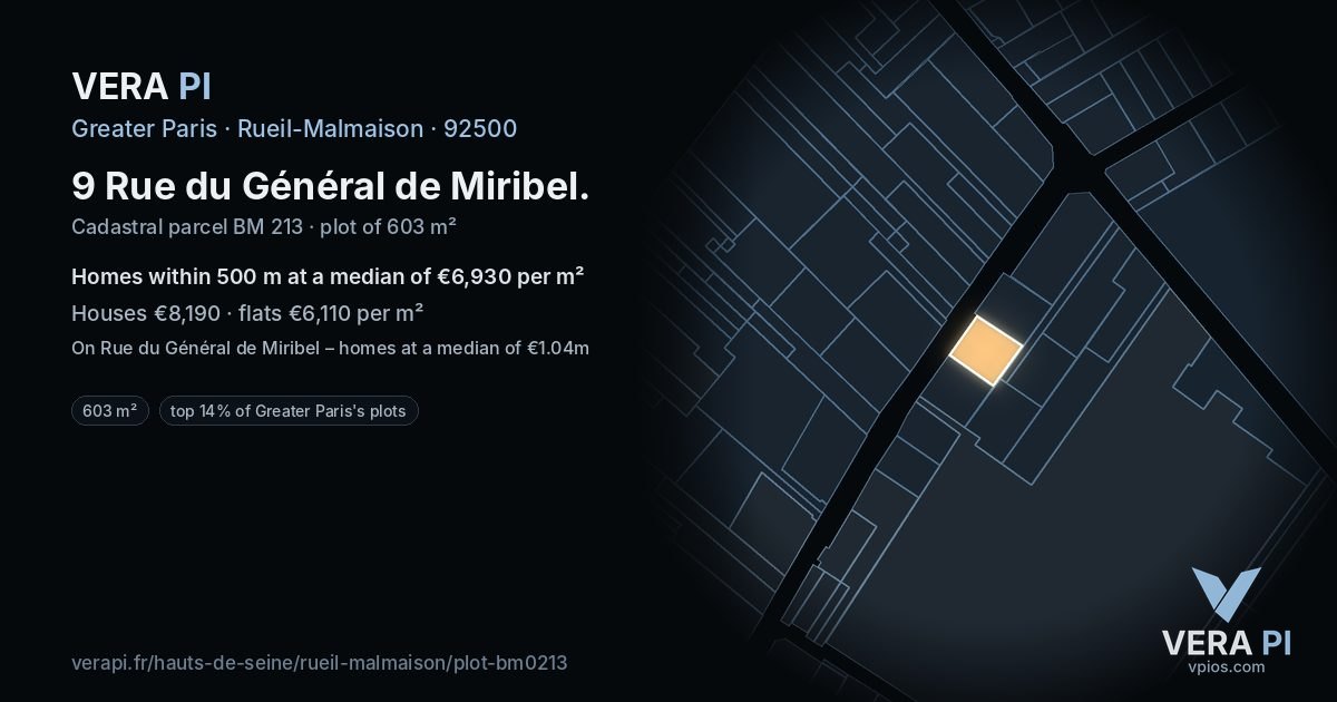 9 Rue du Général de Miribel, Rueil-Malmaison at night – the plot lit, the parcels around coloured by the prices near them