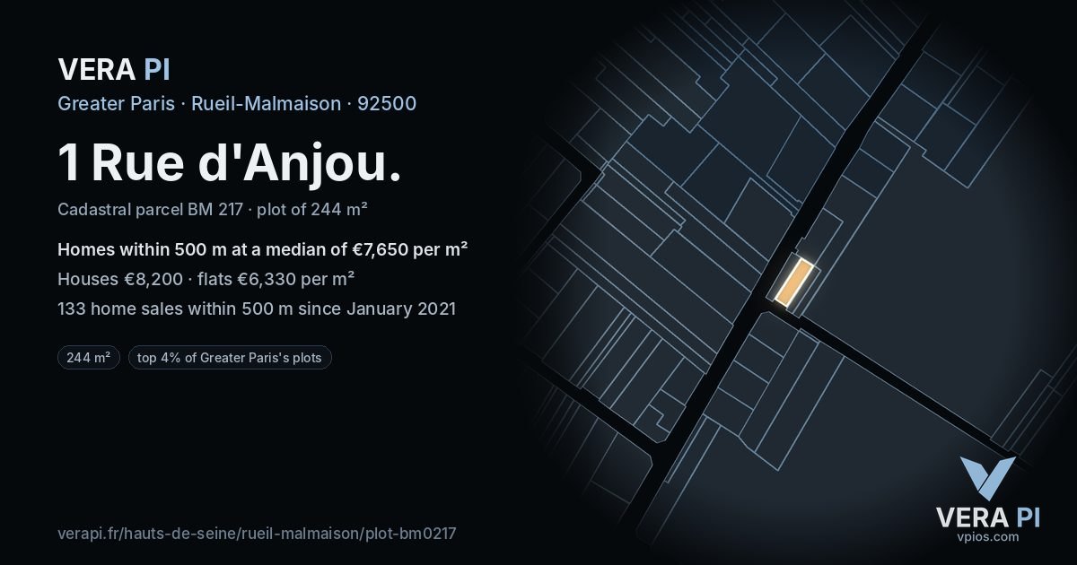 1 Rue d'Anjou, Rueil-Malmaison at night – the plot lit, the parcels around coloured by the prices near them
