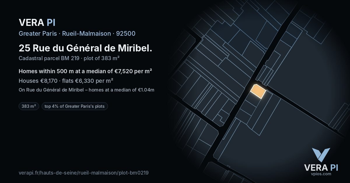 25 Rue du Général de Miribel, Rueil-Malmaison at night – the plot lit, the parcels around coloured by the prices near them