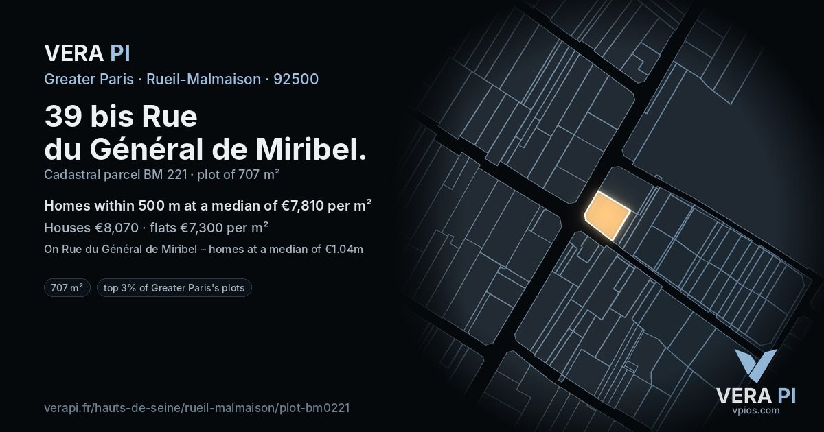 39 bis Rue du Général de Miribel, Rueil-Malmaison at night – the plot lit, the parcels around coloured by the prices near them